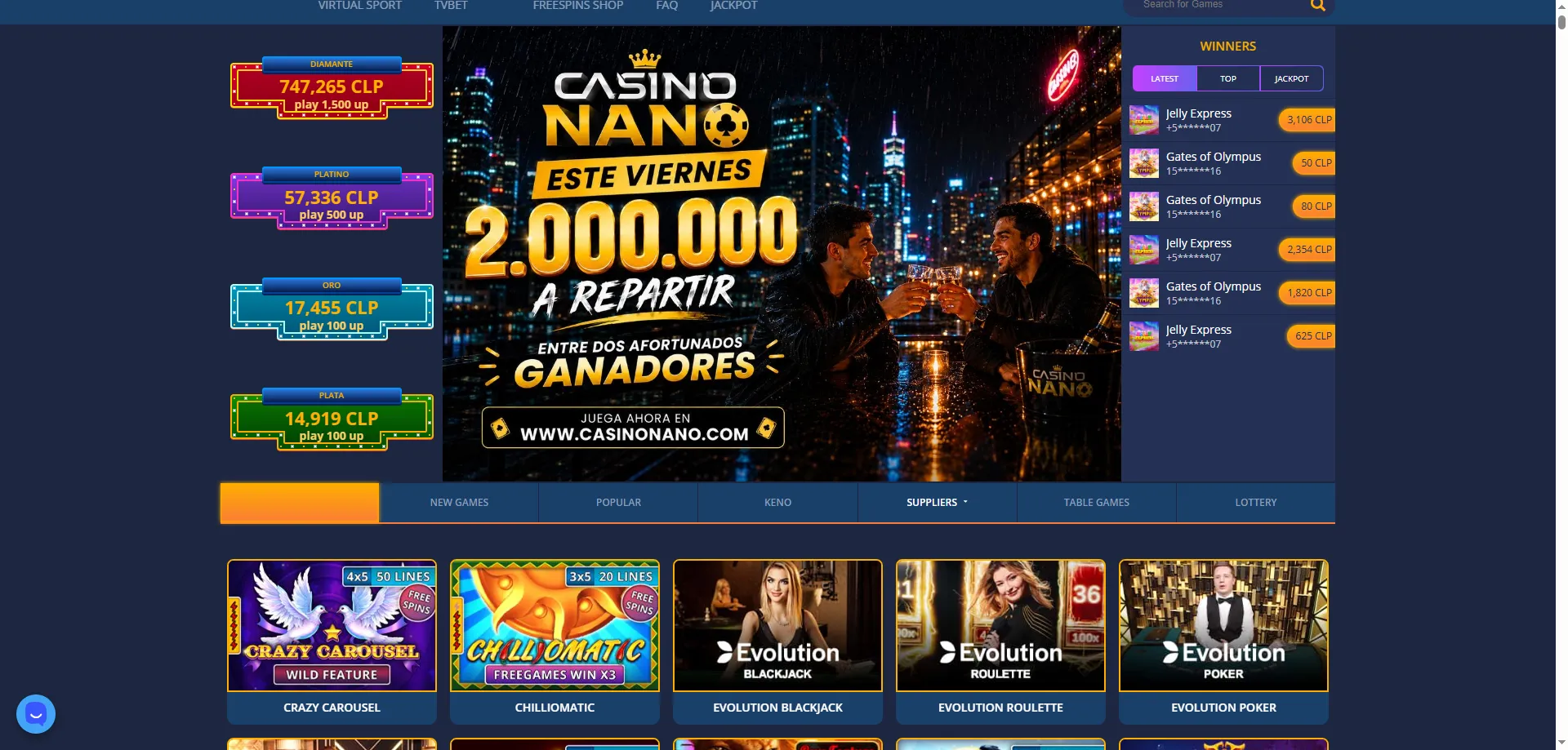 Nano Casino Chile vista general del lobby de juegos 2026
